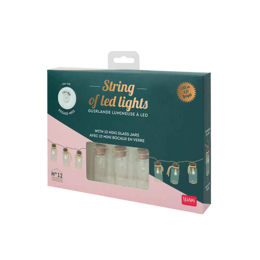 Catena di luci LED con 10 piccoli barattoli di vetro