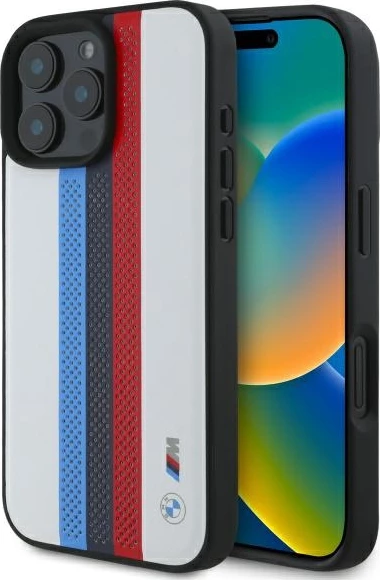 Mbështjellës BMW M Performance Tricolor Stripes për iPhone 16 Pro Max, MagSafe, i bardhë | foleja.al