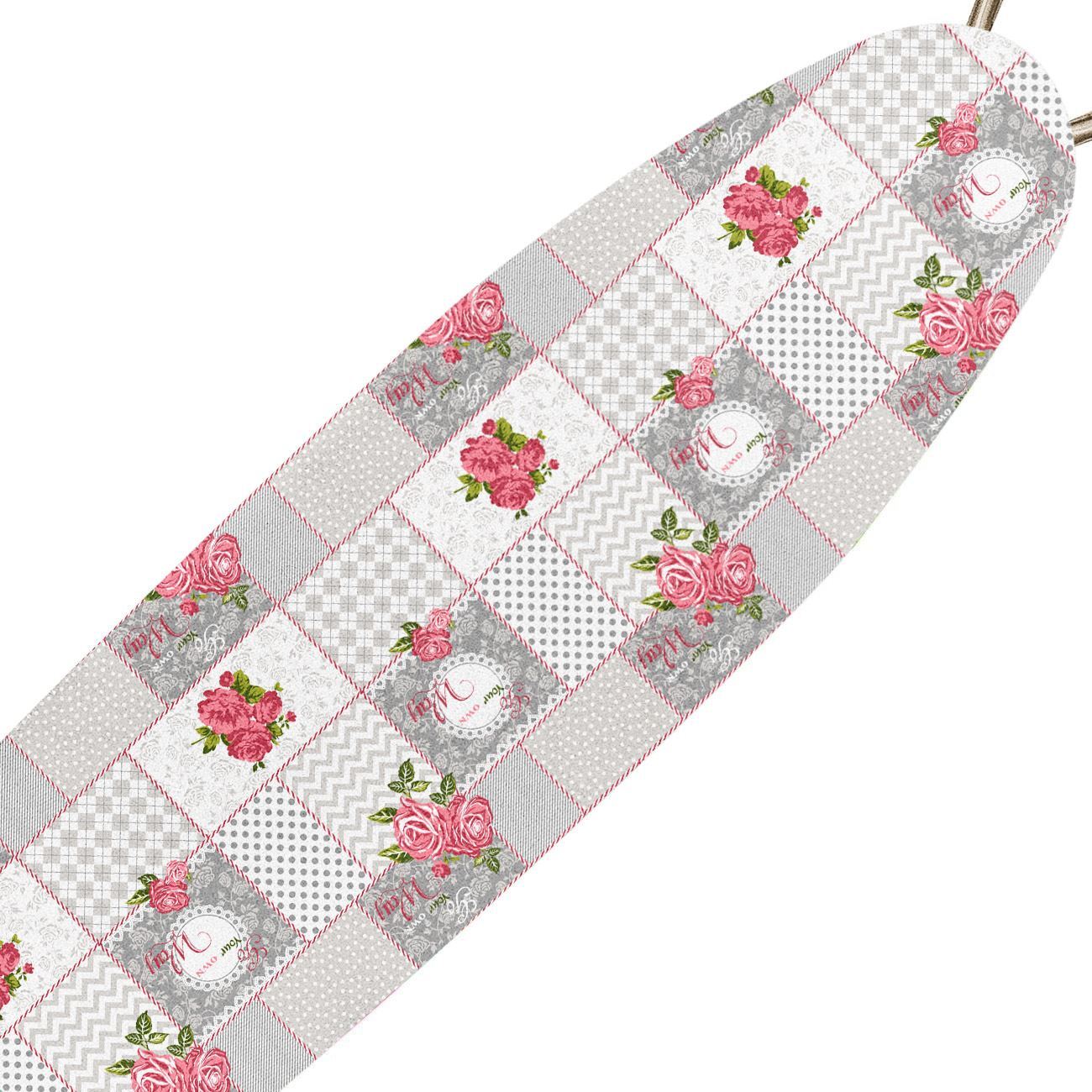 Ironing Cloth Cotton with Elastic Gray Red Checkered Flowers 140x50cm