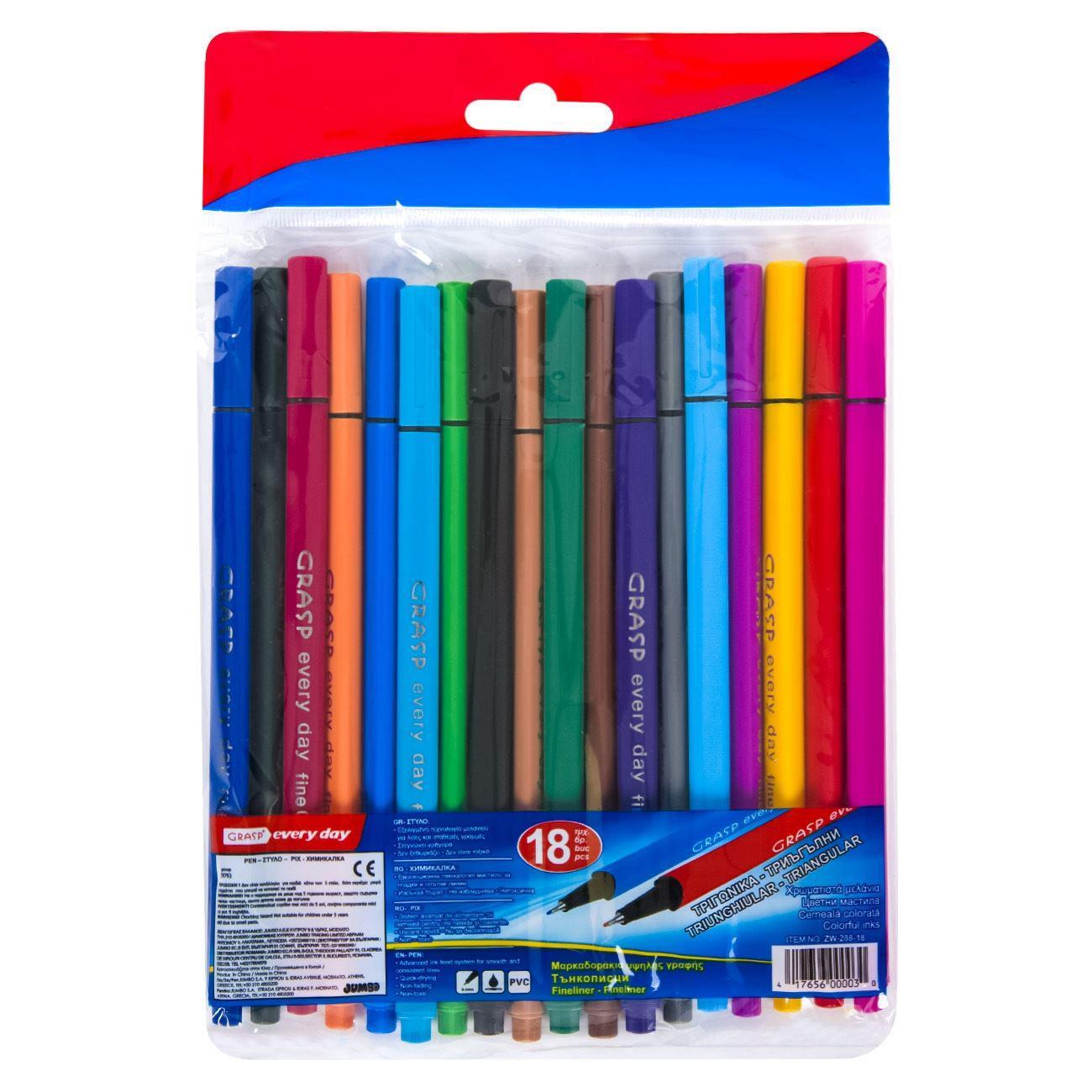 Set of Triangular Fineliner Markers, Various Colors - 18 pcs