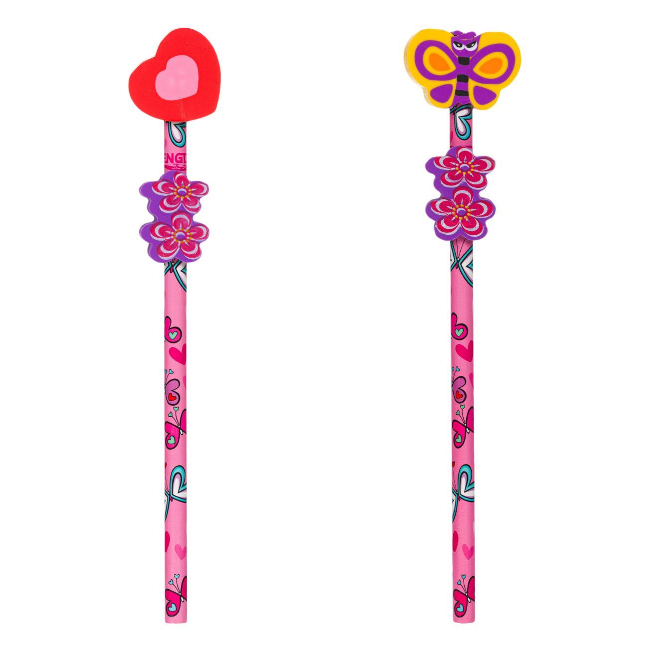 Set de crayons avec gommes, motif cœur et papillons, 2 pcs