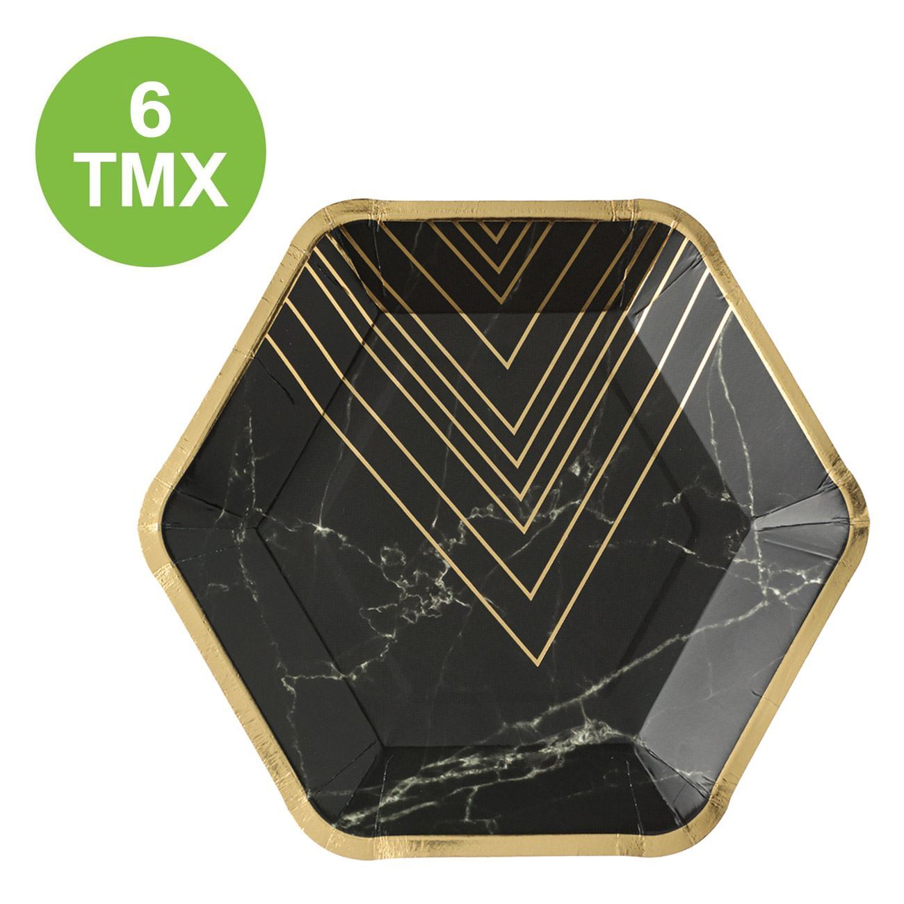 Paper Plates Black Hexagons Marble Gold Foil 18 cm - 6 pcs