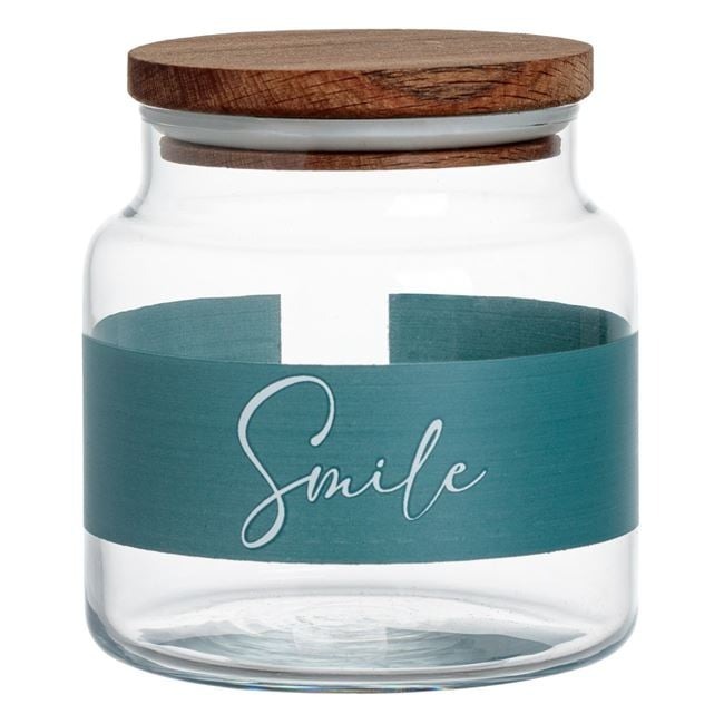 Glass Jar Gray Stripe Smile Wooden Lid 635ml