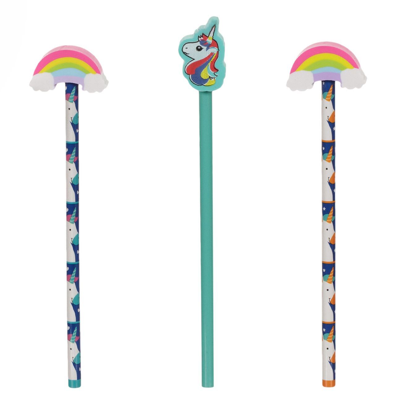 Set de crayons colorés avec gommes, design licorne