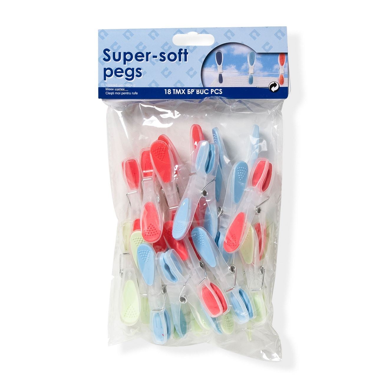 Softgrip Clothespins Transparent Colored Handle 8.5cm - 18 pcs