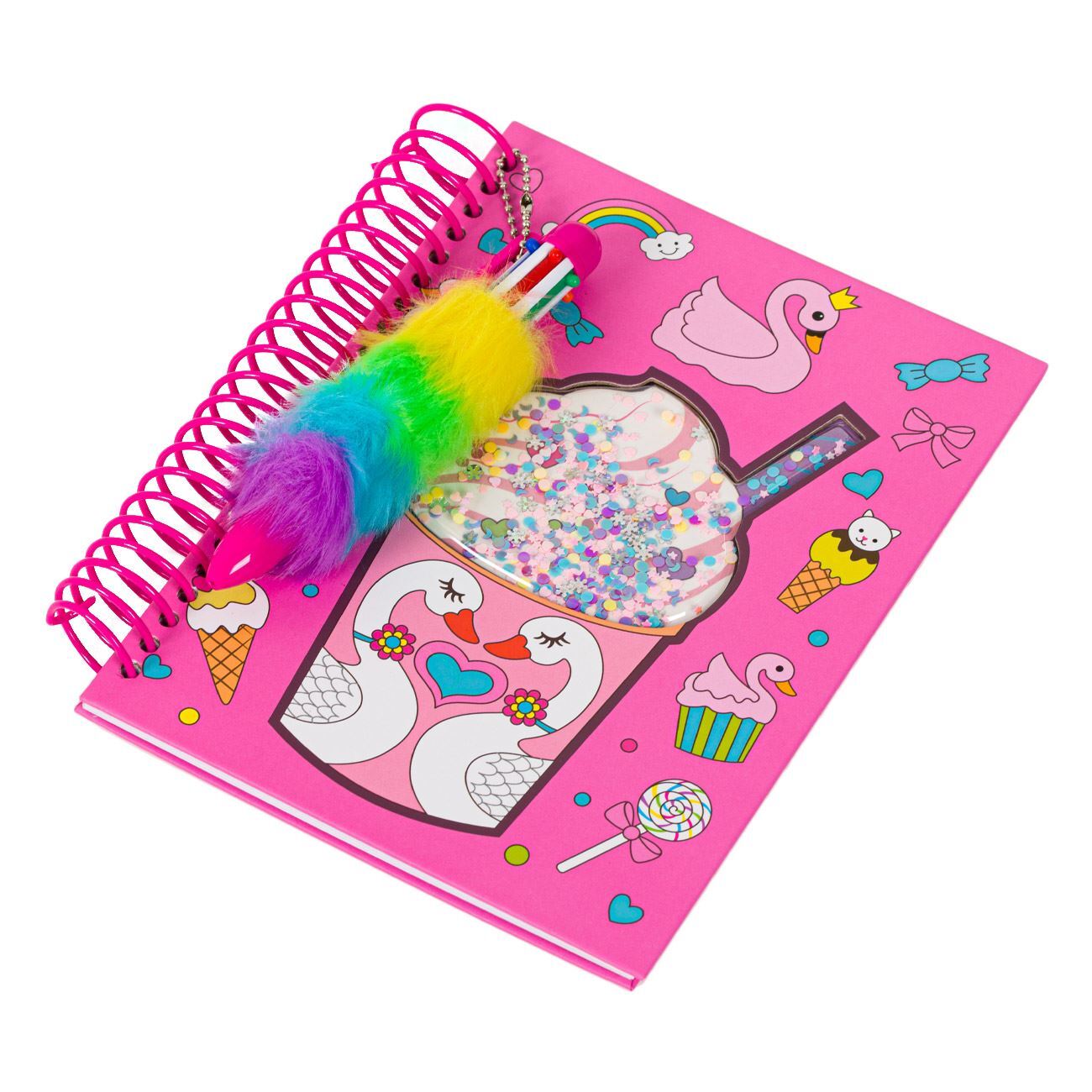 Agenda à spirale Cygne rose Boisson glacée Stylo duveteux 7,5x20,5 cm - 64 p.