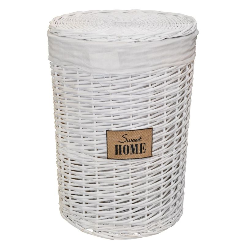 White basket with knitting, yarn and textile, Ø40 xH56 cm